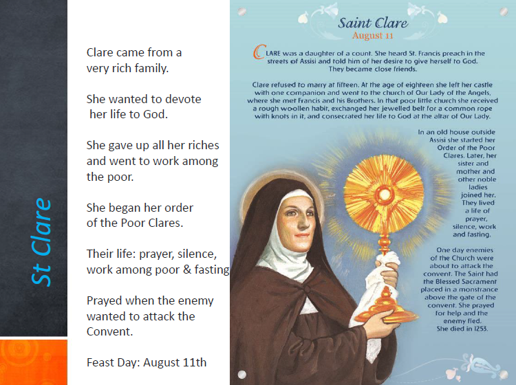 Illustrated card about Saint Clare showing a nun in dark habit holding a golden monstrance, with biographical text.